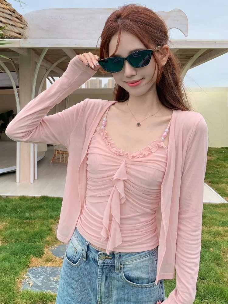 

Lightweight Summer Fashion Two-Piece Set Sunscreen Cardigan Inner Folded Slim Tank Top Breathable V-Neck Cotton Vest for Women