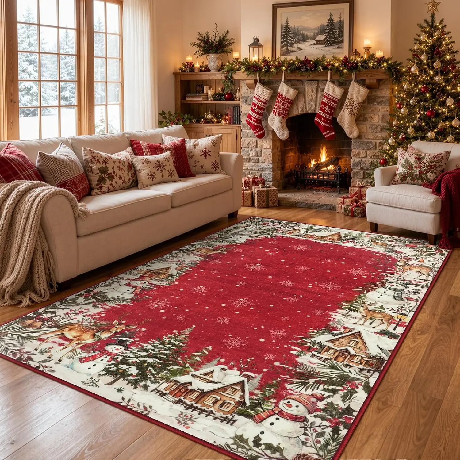 1pc 2D Flat Red Center Christmas Snowman Reindeer Village Border Printed Floor Mat, Decorative Rug for Living Room, Bedroom