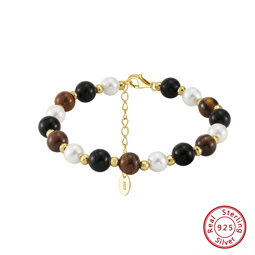 

Kiss Mandy Ethnic Style Freshwater Pearl Bracelet with Obsidian & Tiger Eye Dainty S925 Silver Holiday Accessories Jewelry GMB62
