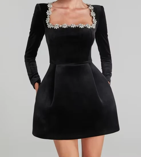 

Black Square Neck Evening Velvet Vintage Rhinestone Short Women's Long Sleeve Elegant Chic Dresses