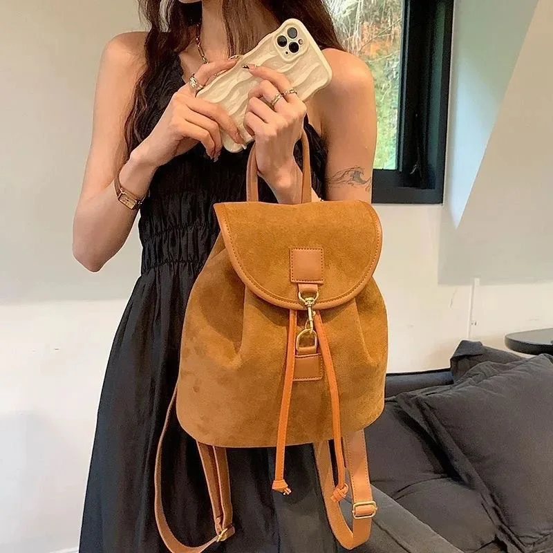 European American Vintage Mini Drawstring Backpack Soft Faux Fabric Flap Metal Buckle Rucksack For Women Commute Casual Daily