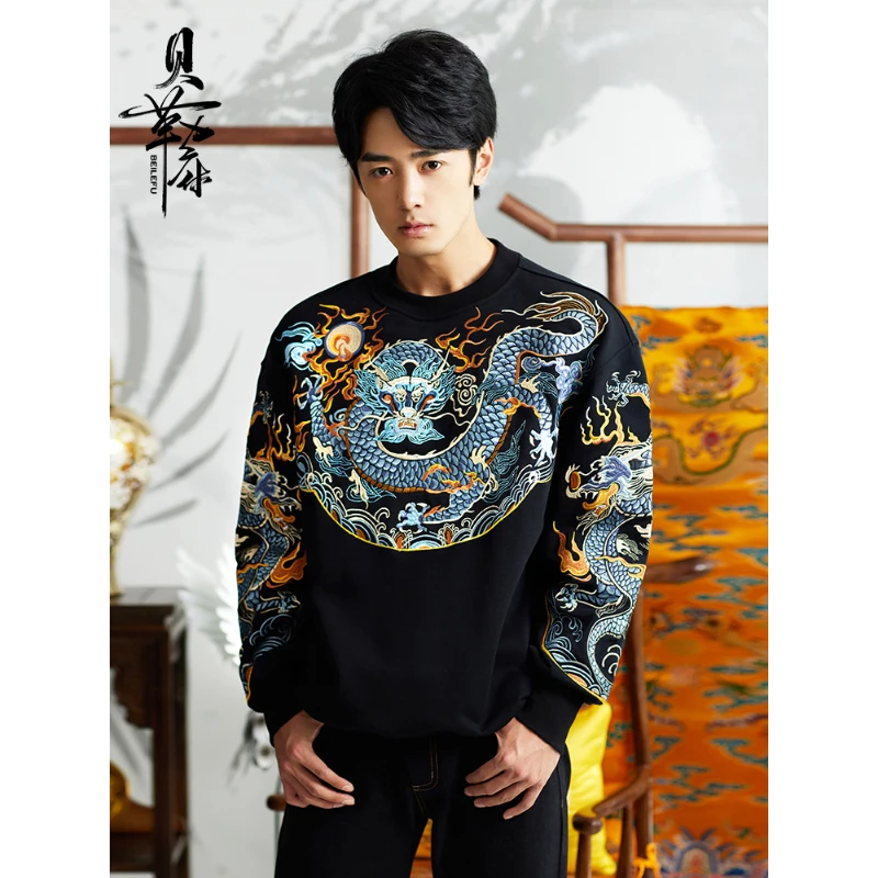 

High-end Chinese Style Embroider Sweatshirt Dragon Robe Fall And Winter Vintage Pullover Men Black