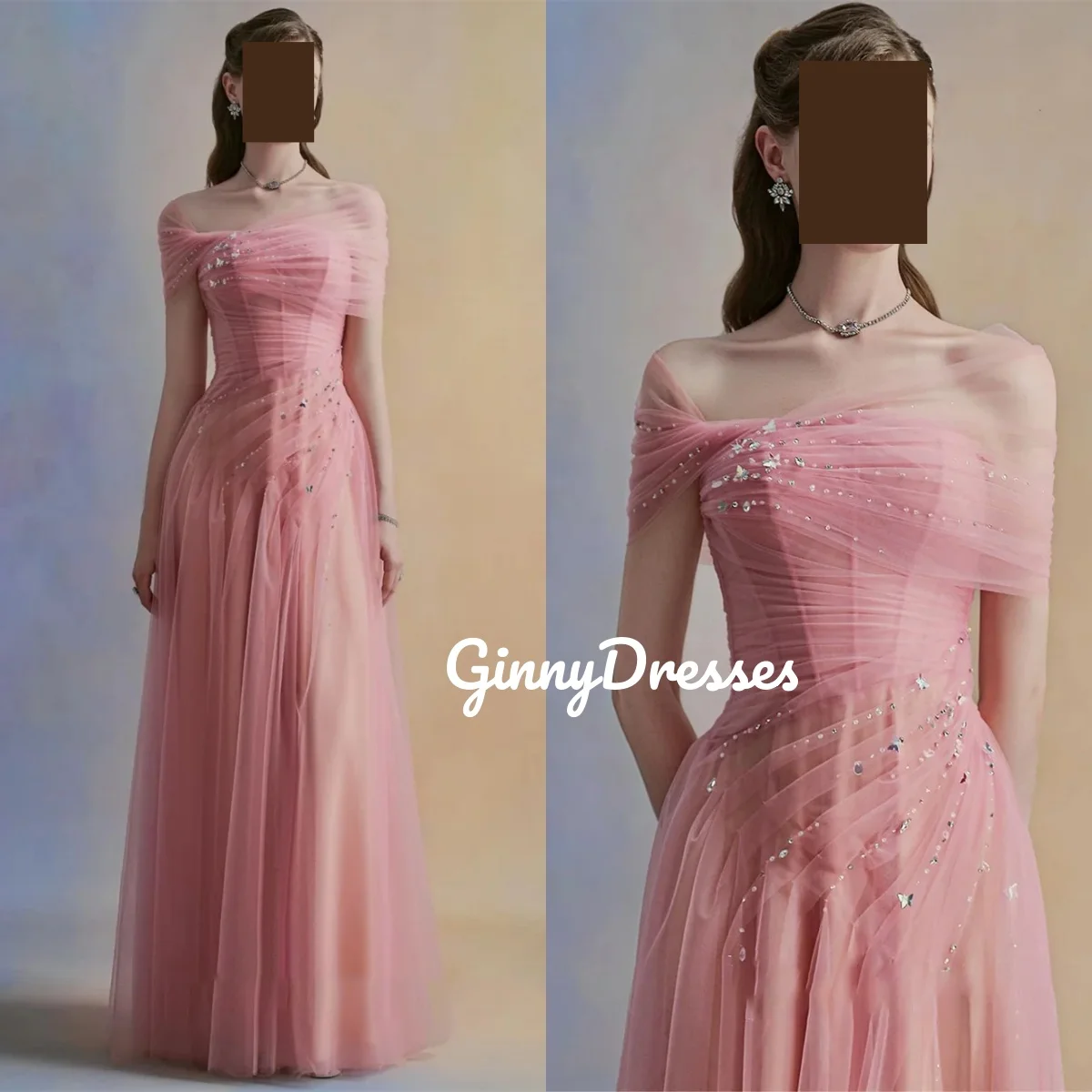 

Настройте платья для женщин А-силуэта с открытыми плечами длиной до пола, из тюля на молнии, женские вечерние платья розового цвета с бусинами Vestidos