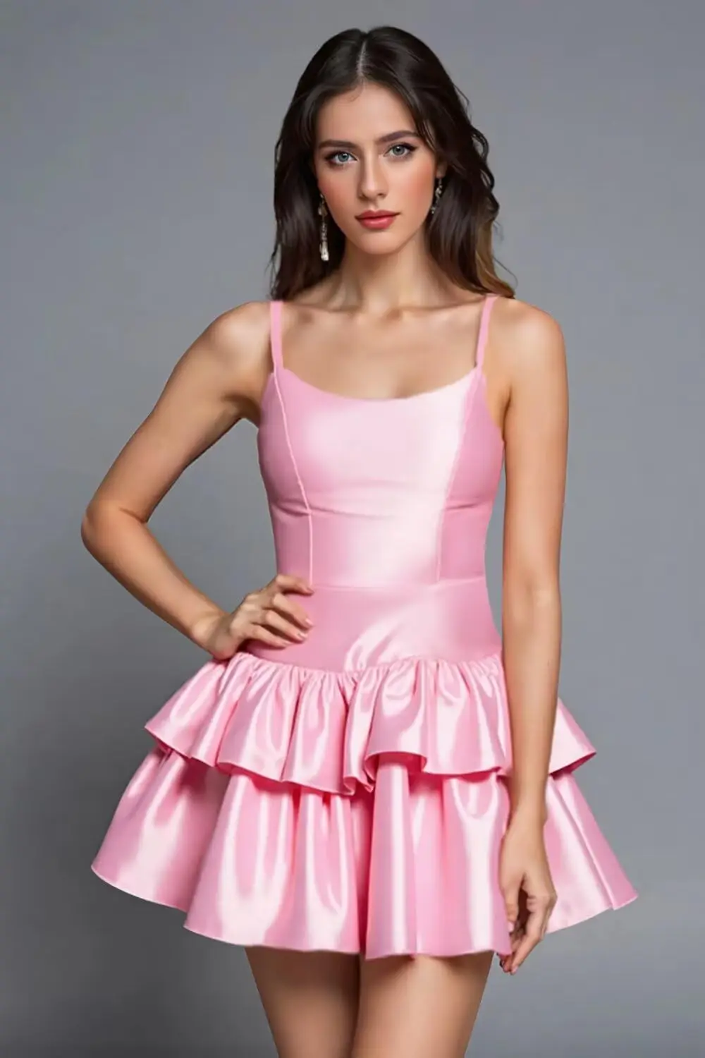 

Satin Short Homecoming Dresses for Teens Spaghetti Straps A Line Square Neck Tiered Cocktail Party Dresses Gowns