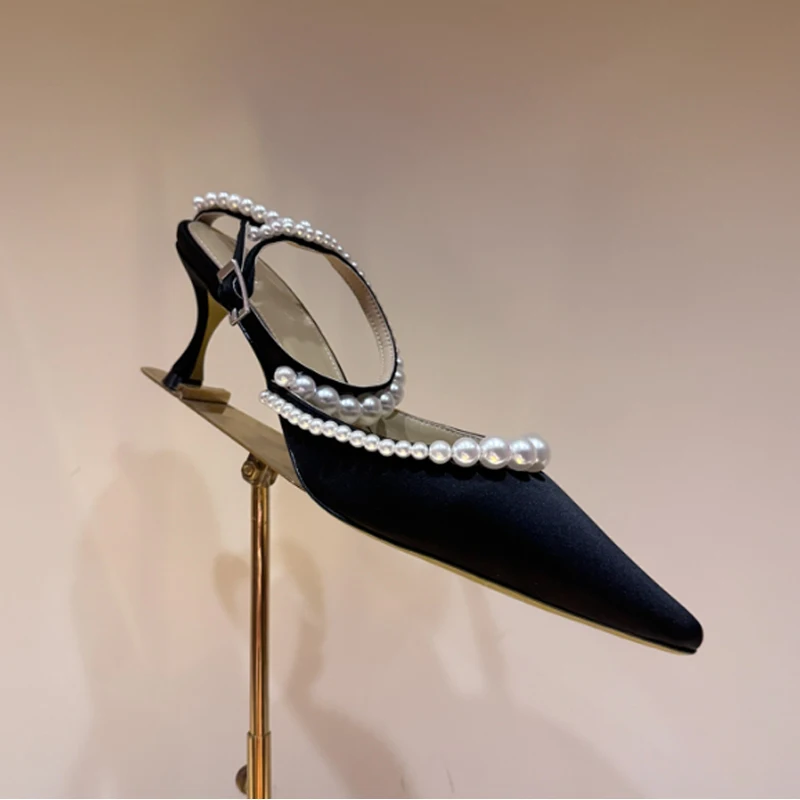 

Pearl Chain Pointed Toe Stiletto Sandals Woman Summer 2025 French Hollow Buckle Strap Closed Toe High Heels Wedding Shoes