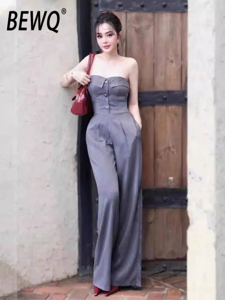 

BEWQ Fashion Women's Striped Off-shoulder Strapless Single-breasted High Waist Wide Leg Jumpsuit For Work 2026 Autumn New