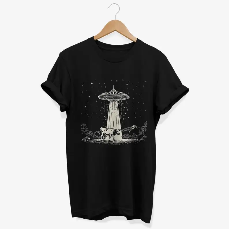 

Camiseta divertida con abducción de vacas por ovnis: camiseta retro con gráfico de extraterrestre