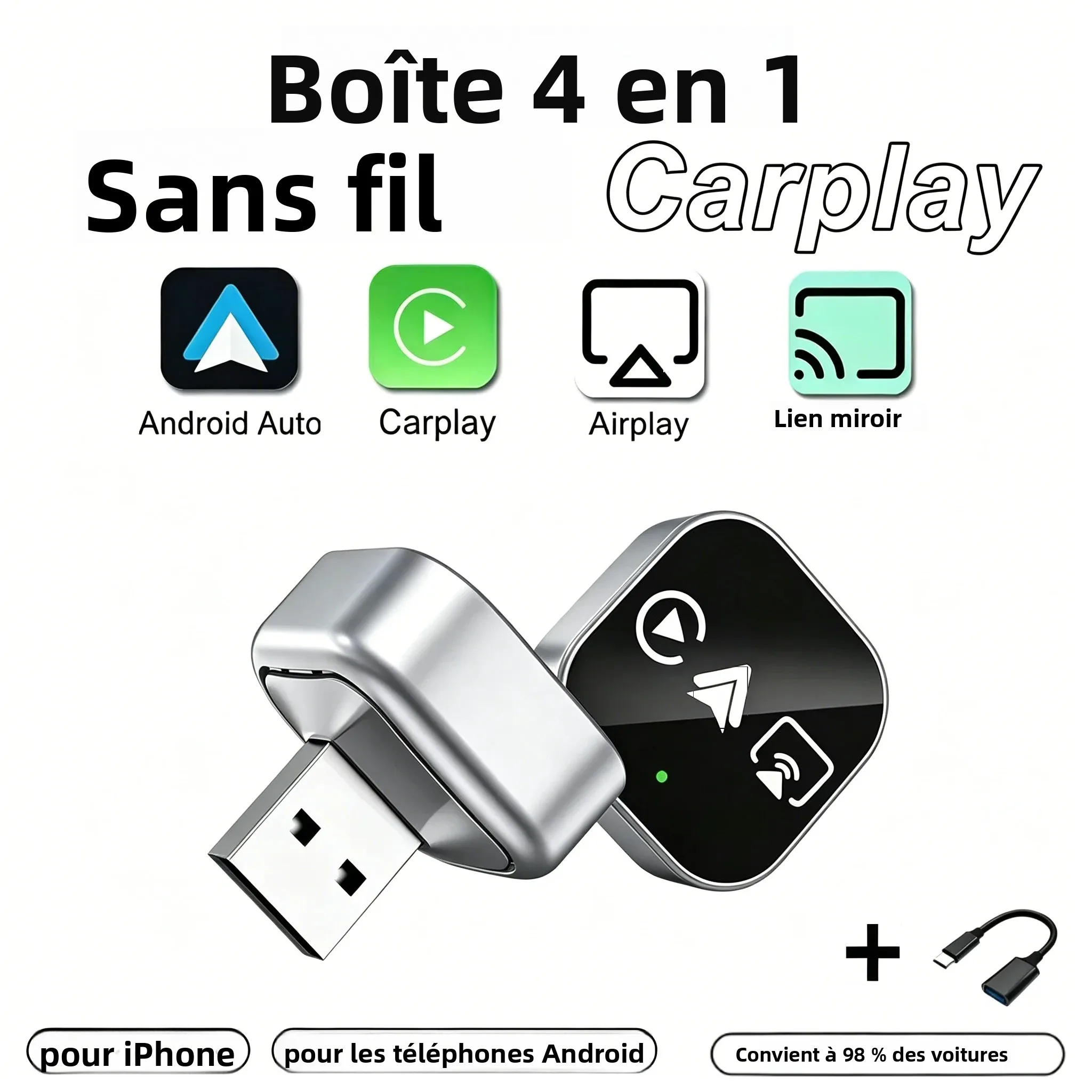 Adaptateur sans fil CarPlay 4 en 1 pour systèmes intelligents de voiture CarRocket, compatible avec Android Auto et CarPlay intégré pour VW FAIT