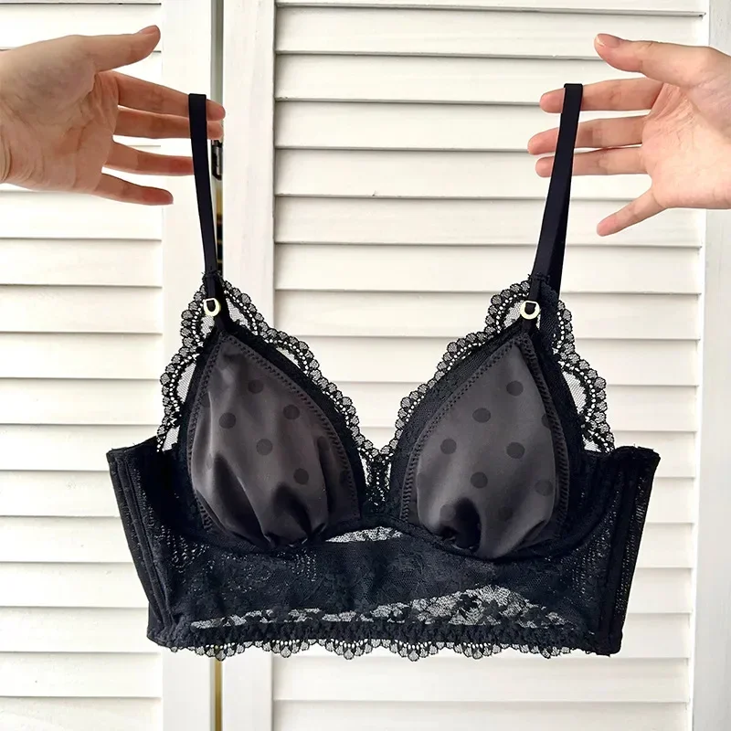 Lingerie francesa de renda com copo triangular doce para meninas, sutiã fino e fechado