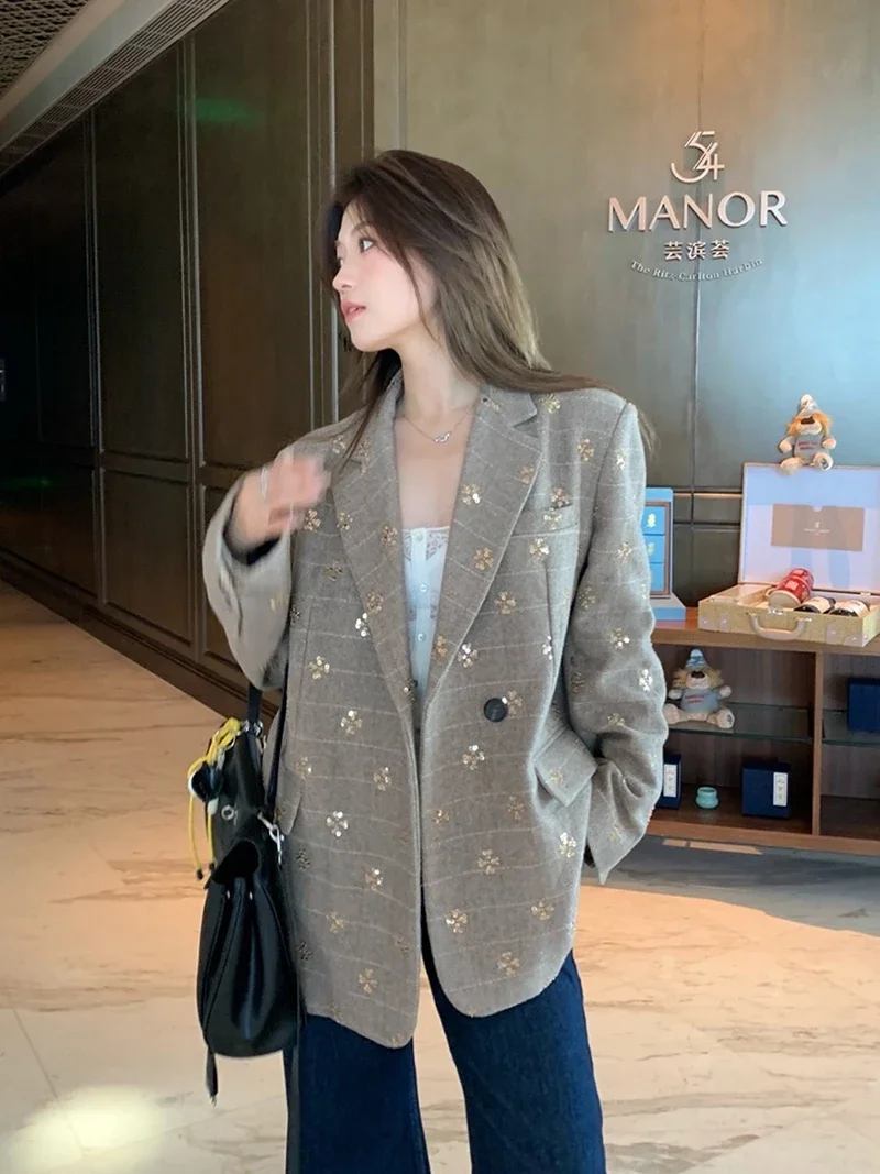 Fashion Autumn Winter 2024 Chic Classic Woolen Blazer for Women Vintage High Quality Sequins Jacket Street show Lady Suit