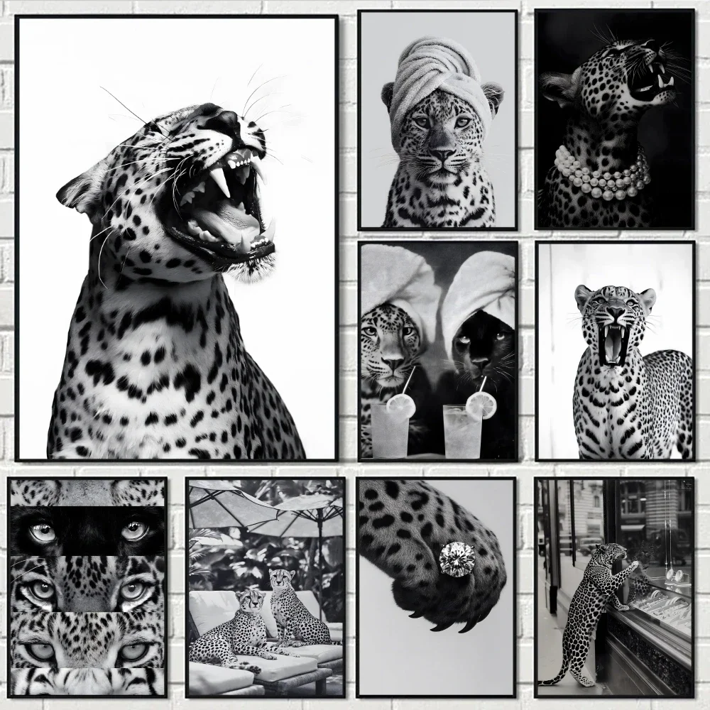 Fashion Black White Leopard Print Painting Calligraphy Eco-Friendly Cotton Canvas Poster  Waterproof Wall Art for Home DecorG
