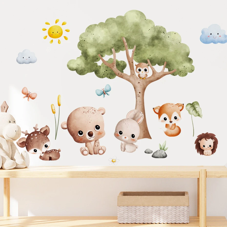 

Watercolor Cartoon Cute Woodland Animal Rabbit Fox Deer Wall Sticker for Kids Room Baby Girl Nursery Decals Bedroom Home Decor