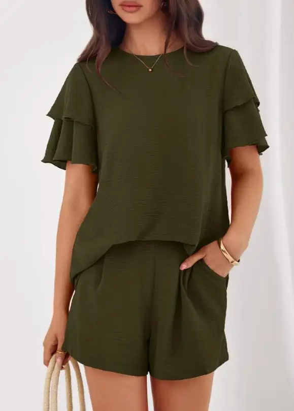 

Two Piece Set Women Outfit 2026 Spring Summer New Round Neck Short Sleeved Casual T-Shirt & High Waist Pocket Design Shorts Set