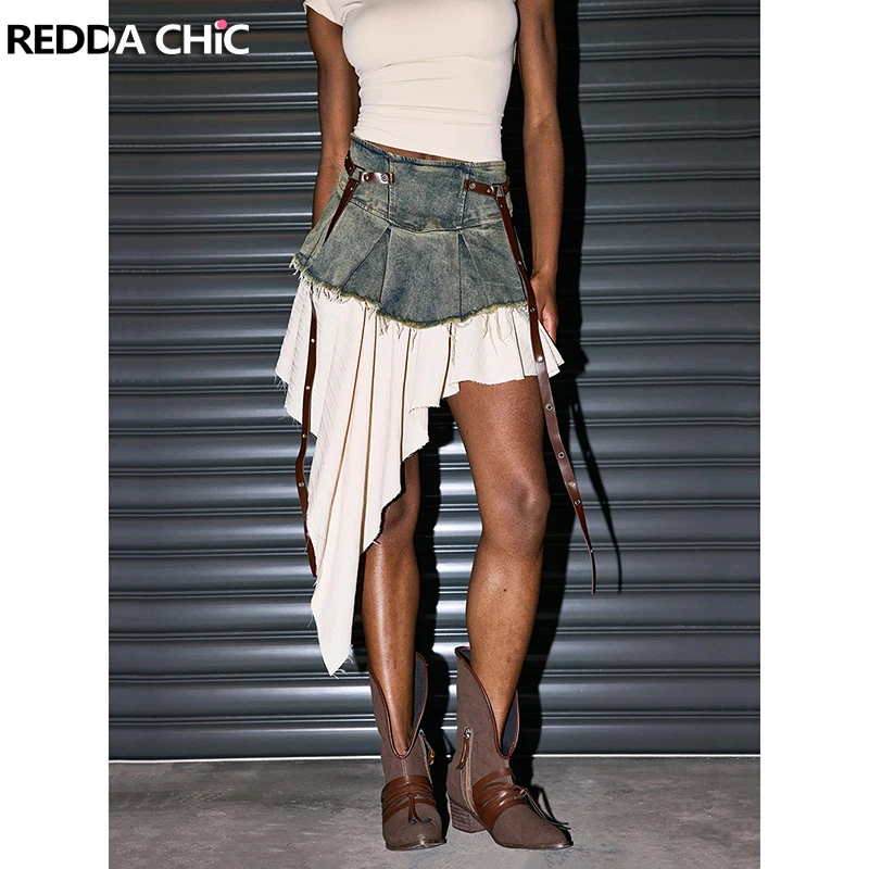

ReddaChic женская нерегулярная лоскутная джинсовая юбка в стиле хиппи, струящаяся трапециевидная юбка трапециевидной формы с высокой посадкой и рюшами, плиссированная юбка, концертный фестивальный наряд