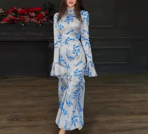 

Womens Dresses 2025 Spring New Elegant Fashion Floral Print Horn Sleeve High Waist Casual Round Neck Slim Daily Long Dress