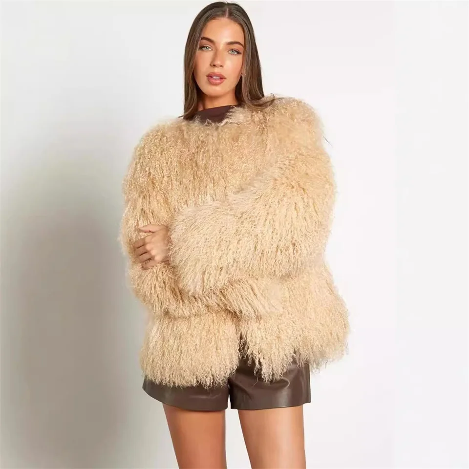 سترة نسائية من الفرو الصناعي 2025 معاطف جديدة من الصوف المنغولي المقلد معاطف نسائية قطيفة فروي بياقة مستديرة معطف نسائي معطف شتوي