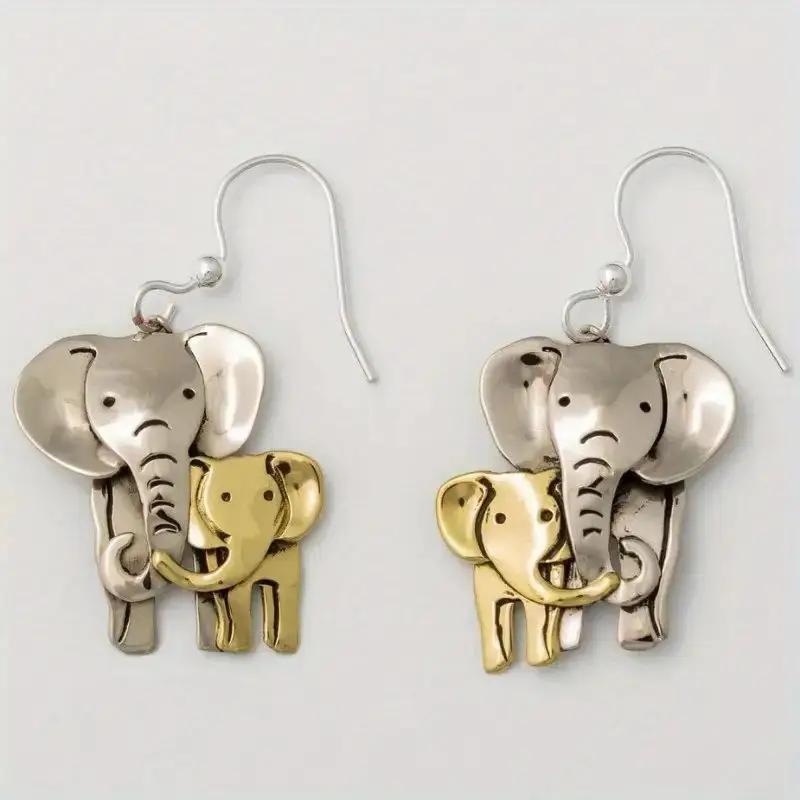 Vintage Two Color Elephant Dangle Women's Earrings Metal Hand Carving Party Daily Wear