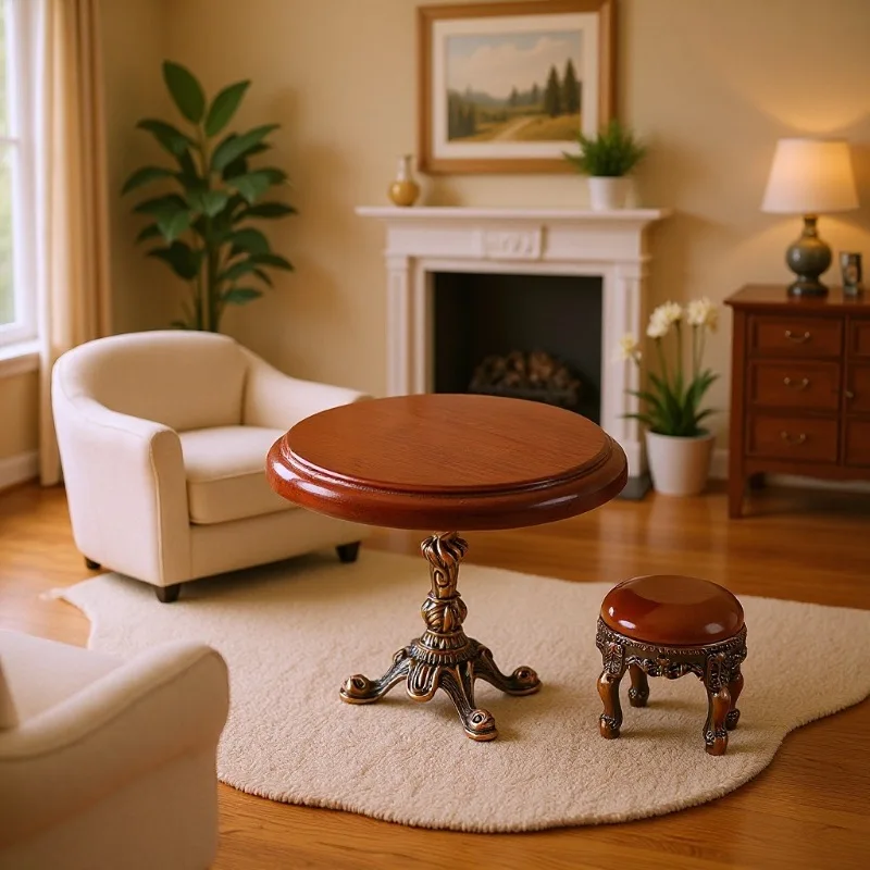 

12 Scale Dollhouse Vintage Round Table&Stool Set,Miniature European Style Furniture,Decorative Accessory for Living Room Diorama