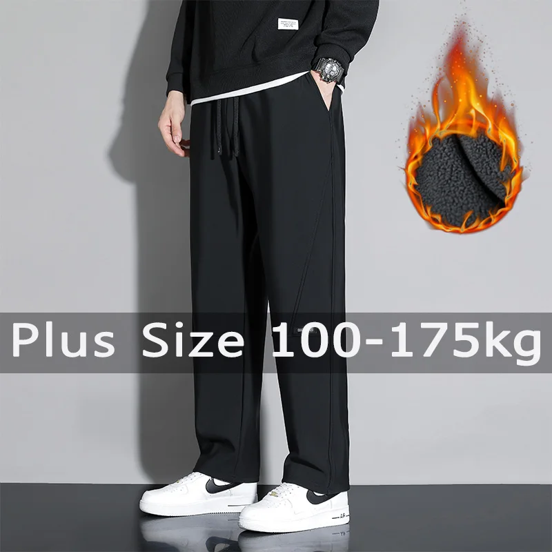 

Зимние мужские длинные брюки больших размеров, теплая флисовая плюшевая подкладка, однотонные длинные брюки 8XL 9XL 10XL 100-150 кг, мужская одежда больших размеров
