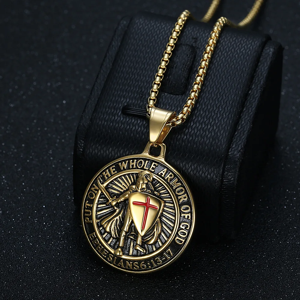 Hip Hop Medieval Templar Pendant Religious Cross Necklace 18K Gold Stainless Steel Vintage Jewelry for Men Gift