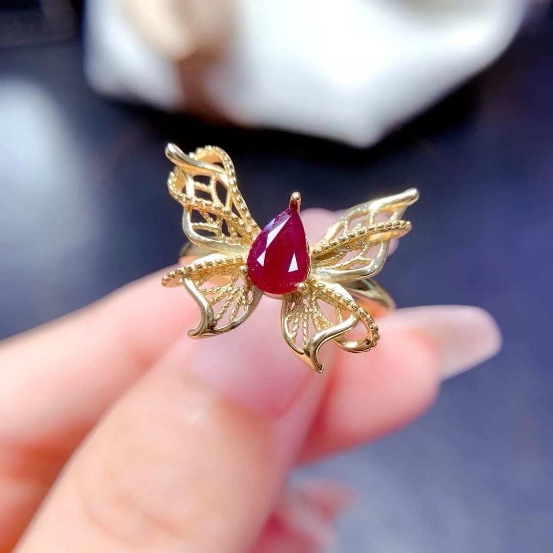 

Elegant 925 Silver Butterfly Ring 5mm*7mm 0.6ct Natural Ruby Ring Keep Shining 3 Layers 18K Gold Plated Ruby Jewelry