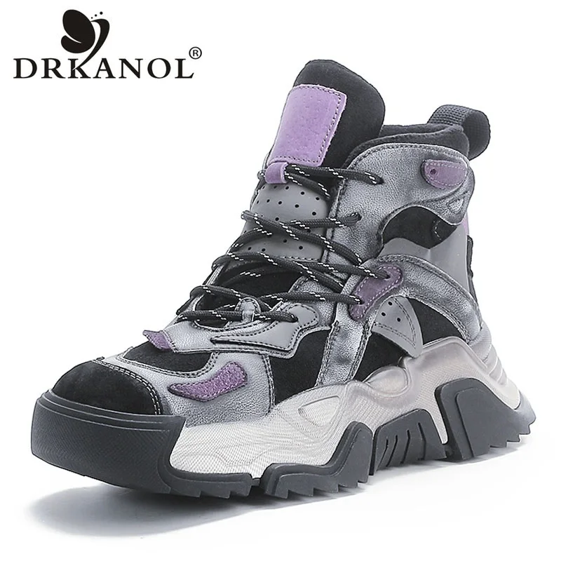 DRKANOL Mixed Colors Genuine Leather Platform Ankle Boots For Women High Top Casual Sneakers Autumn Winter Warm Short Boots