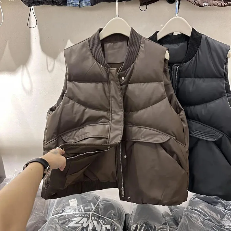 

Winter Pu Skin Down Cotton Vest Jacket Women 2025 New Sleevele Parkas Warm Short Vest Coat Female Waistcoat Overcoat Ladies Tops