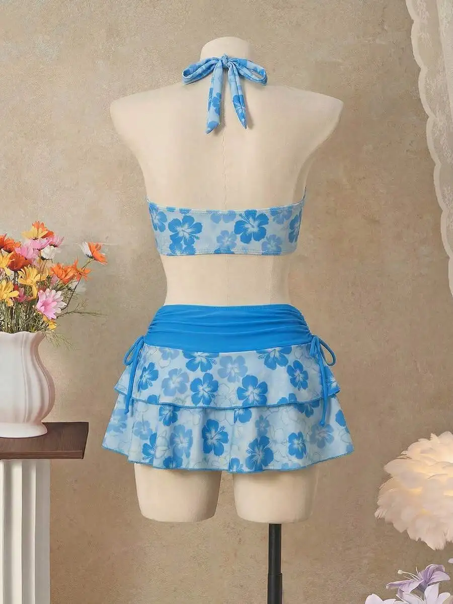 

Blue Floral Halter Neck Bikini Top With Matching Skirt 3-Piece Set Women Swimwear