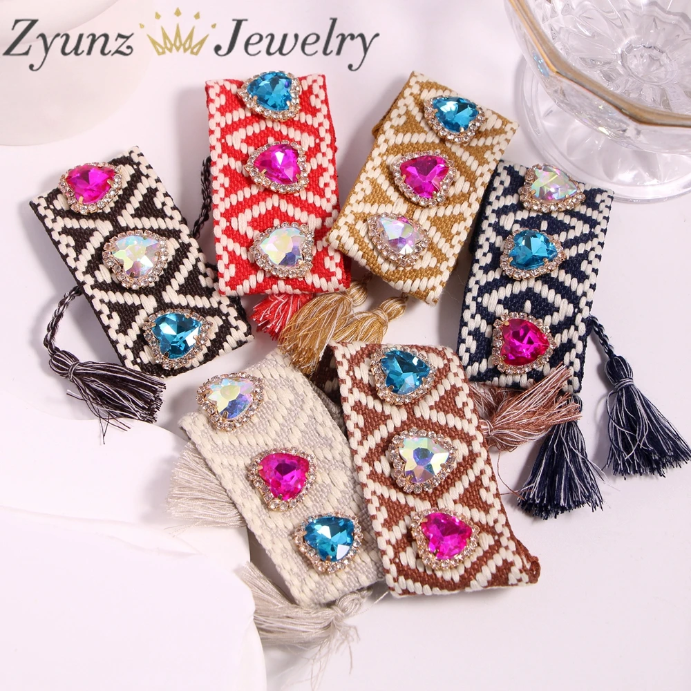 

5PCS, Ethnic Style Heart Hand-woven Braided Fabric Bracelet for Women Lace Up Adjustable Tassel Rope Wrap Bracelets Wholesale