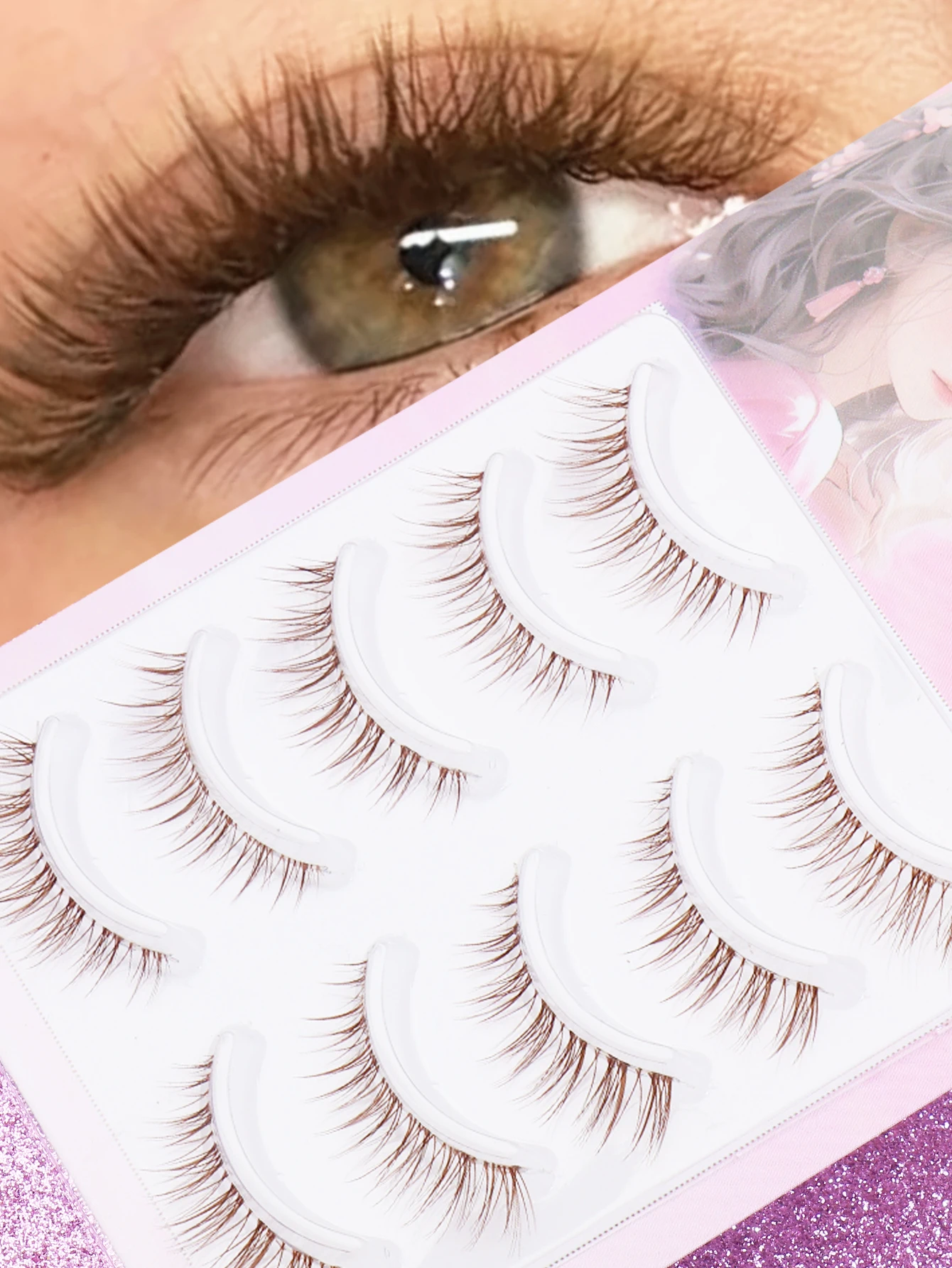 5쌍 브라운 속눈썹 인조 밍크 속눈썹 날개형 끝 눈길을 길게 만들어주는 속눈썹 자연스러운 긴 만화 속눈썹 가짜 속눈썹 메이크업