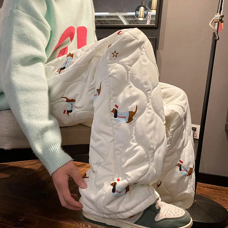 LUZHEN لطيف الكرتون نمط مطبوعة عالية الجودة سميكة الدافئة مبطن بنطلون الرجال 2025 الشتاء موضة السراويل المستقيمة JY4884