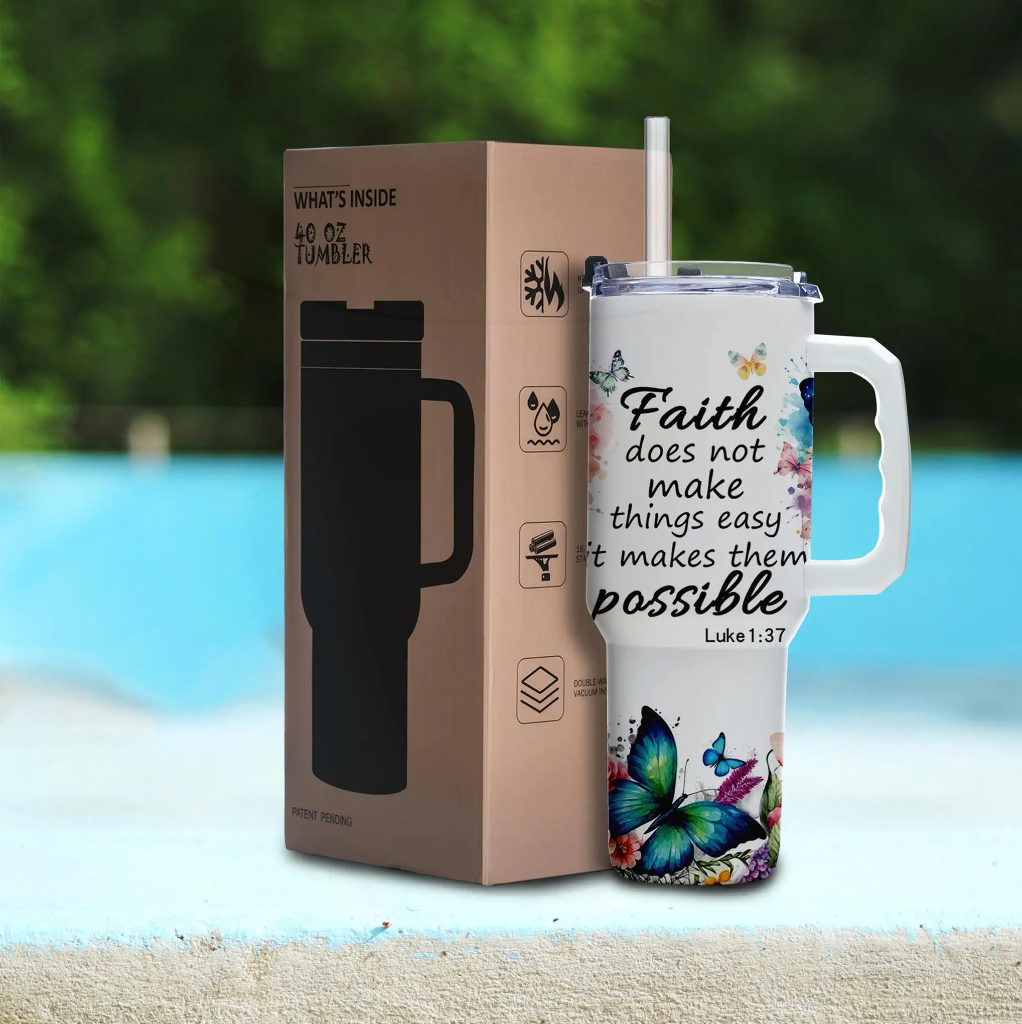 

40oz Butterfly Faith Tumbler with Bible Verse, Stainless Steel Vacuum Insulated Travel Mug with Handle, Gift for Her