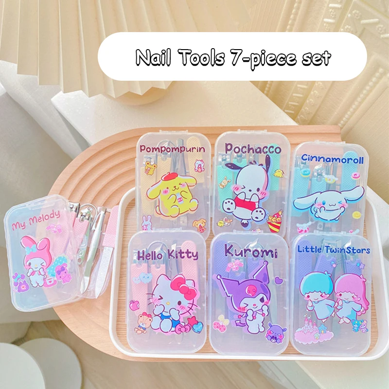 Anime Sanrio Hello Kitty Nail Tools Cute Cinnamoroll Kuromi Portable Non-Slip Nail Clipper Scissors Earpick Storage Box 7Pcs Set