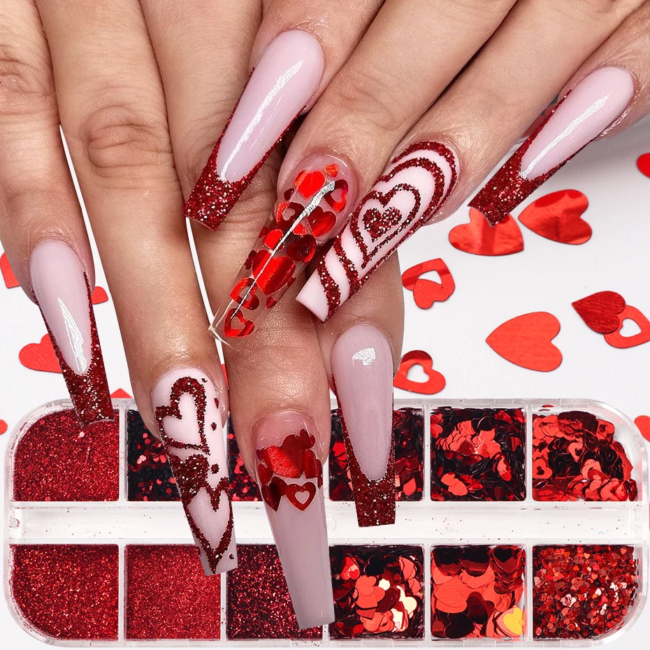 12 Gitter, rote, reflektierende Nagelglitzer-Pailletten, Zucker-Nagelpulver, gemischtes herzförmiges Pailletten-Design für Valentinstag-Nageldekoration