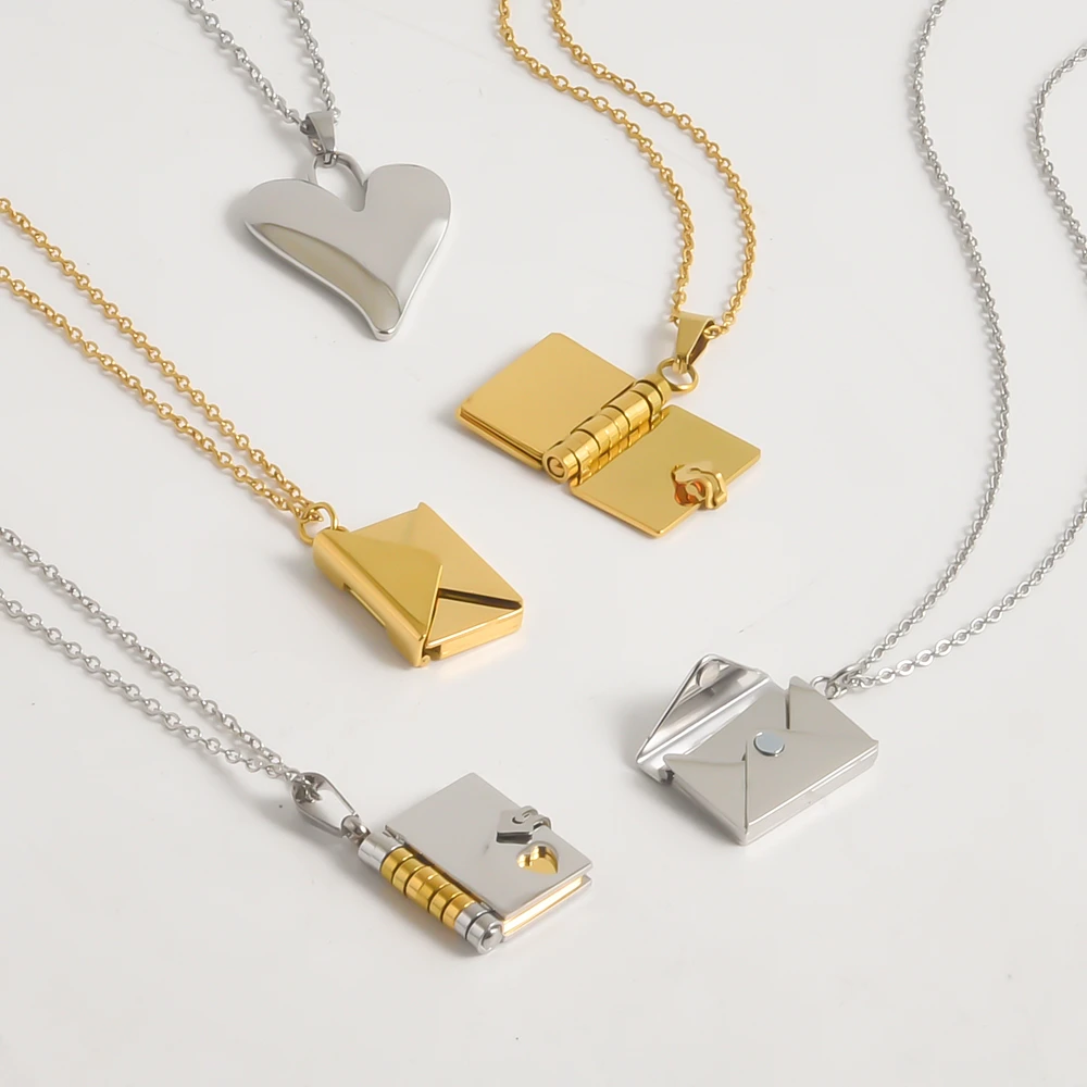 1Pc en acier inoxydable Hip Hop ouvrable Couple coeur livre médaillon pendentif colliers doux t'aime lettre enveloppe Collares bijoux