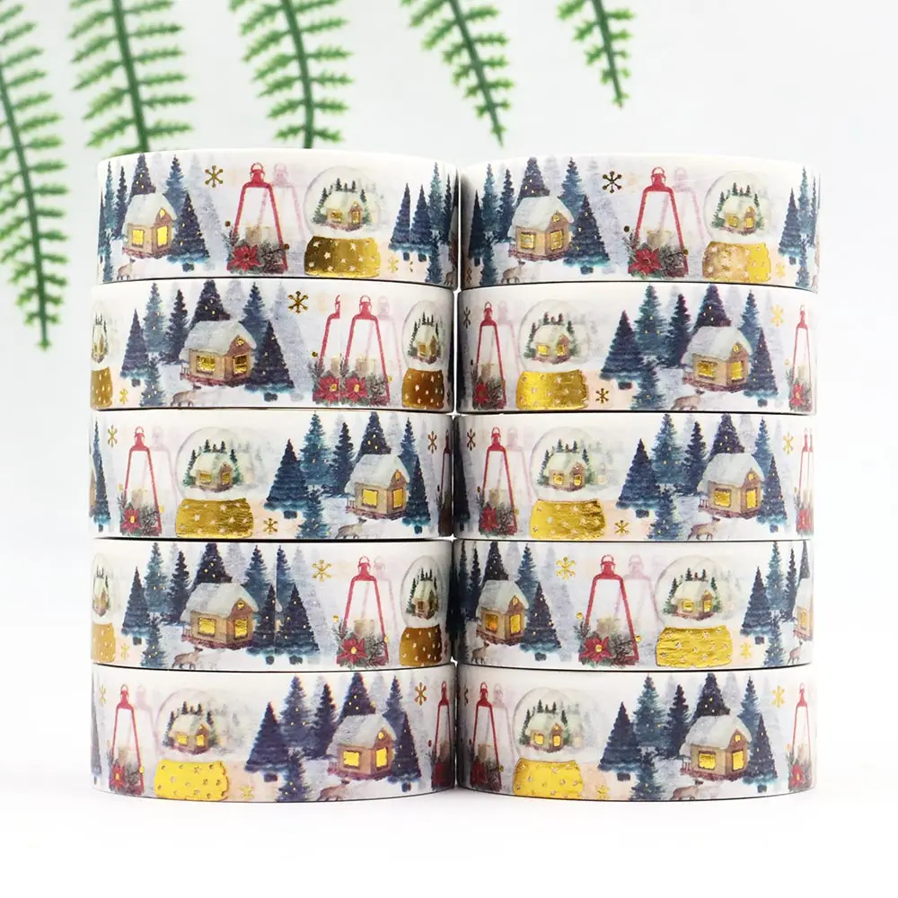 1PCS 15mm*10M Gold Foil Christmas Tree and Snows Washi Tape Scrapbook Paper Masking Adhesive Merry Christmas Washi Tape