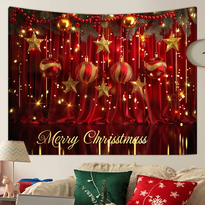 VIKAMA Red Christmas Ball Wall Tapestry Pine Branch Snow Scene Wall Hanging Backdrop for Holiday Home Decoration