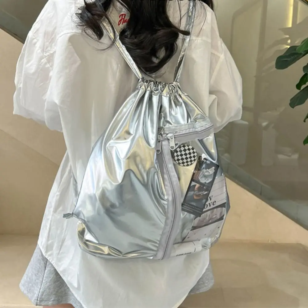 Transparenter Taschen-Rucksack mit Kordelzug, große Kapazität, silberfarbenes PU, koreanischer Stil, Itabag, modisches Design, leichte Umhängetasche