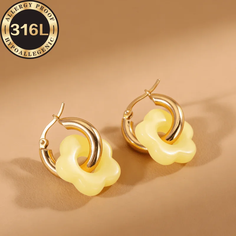 Pendientes antialérgicos de acero inoxidable 316L, pendientes color amarillo lima crema, estilo simple y versátil, se pueden usar.