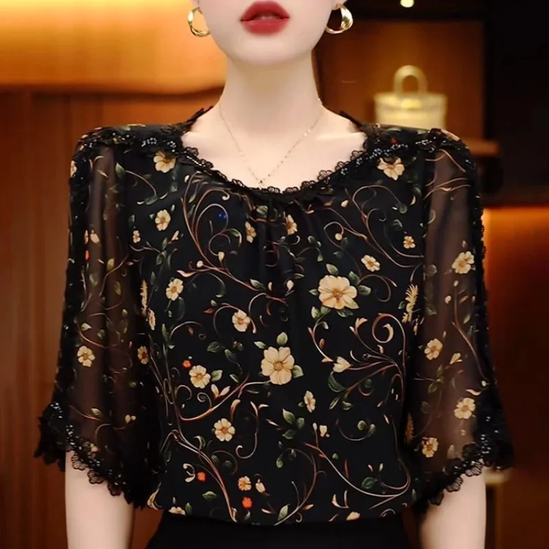 Floral Chiffon Blouse Women Loose Fit Sunscreen Top Summer Casual Flowy Shirt M… - Image 2
