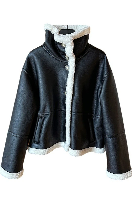 Autumn and Winter New Women's Fake Fur Leather Jacket Loose High Collar Windproof Fur Integrated Jacket