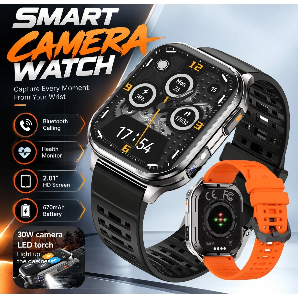 2.01inch Smart Watch 30W Camera with Fill Light 670mAh IP67 Waterproof Bluetooth Call Heart Rate Blood Oxygen Smartwatch Men
