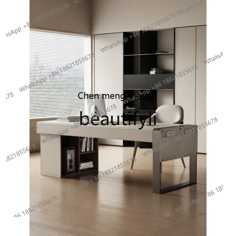 2003Italian minimalist desk high-end home solid wood computer table saddle leather desk