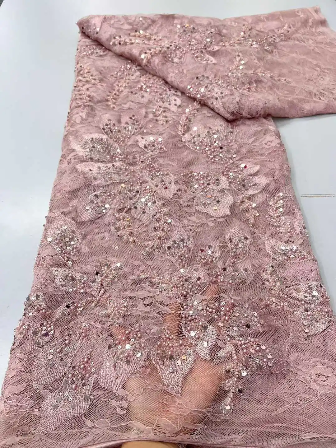 

Новейшая роскошная кружевная ткань с бисером и пайетками, высококачественная африканская сетчатая вышивка для свадебных платьев 2026 года