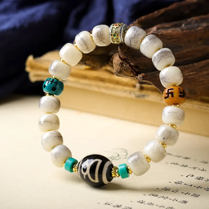 Original Tibetan jewelry cracked bone barrel bracelet, cultural artifact with God of Wealth Dzi beads, ethnic style b