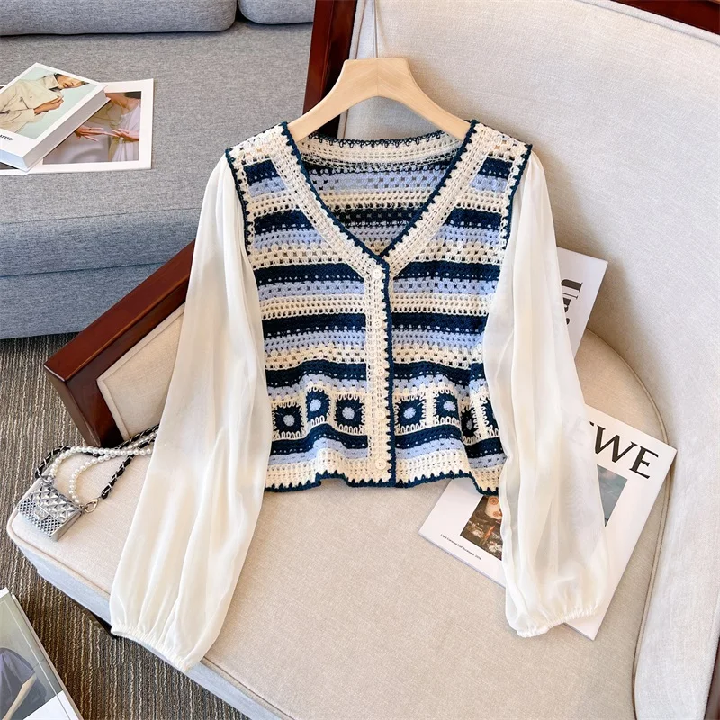 Granny Square Crochet Top Blouse with Chiffon Sleeve Button Front Cardigan Crop Top Women Spring Summer Fairycore Cottagecore