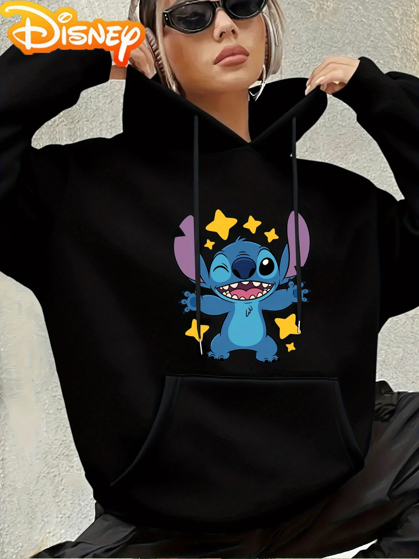 

Женская осенне-зимняя флисовая толстовка с капюшоном и узором Disney Stitch, уличная одежда унисекс, свободная повседневная одежда большого размера