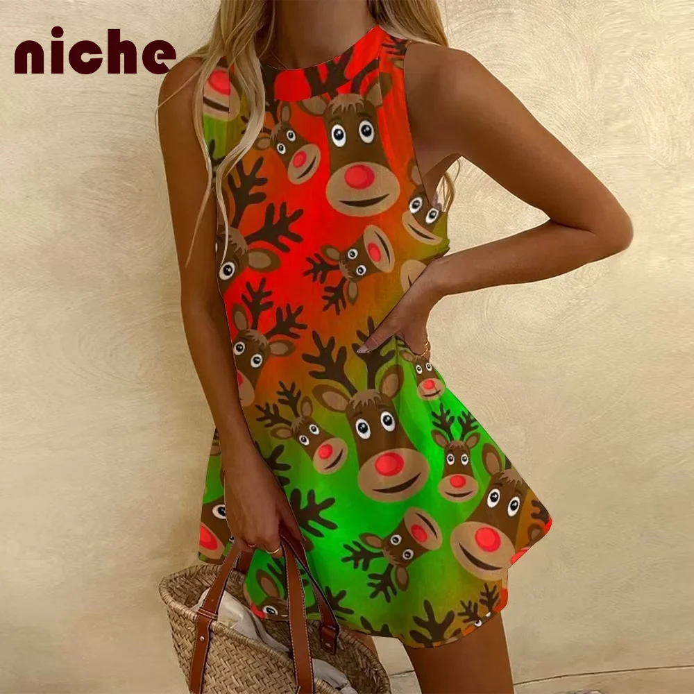 Ladies Beach Dress Smudged Cartoon Elk Graphic Printing High Quality Bamboo Hemp Fabric Trendy Chic New Sleeveless Dress