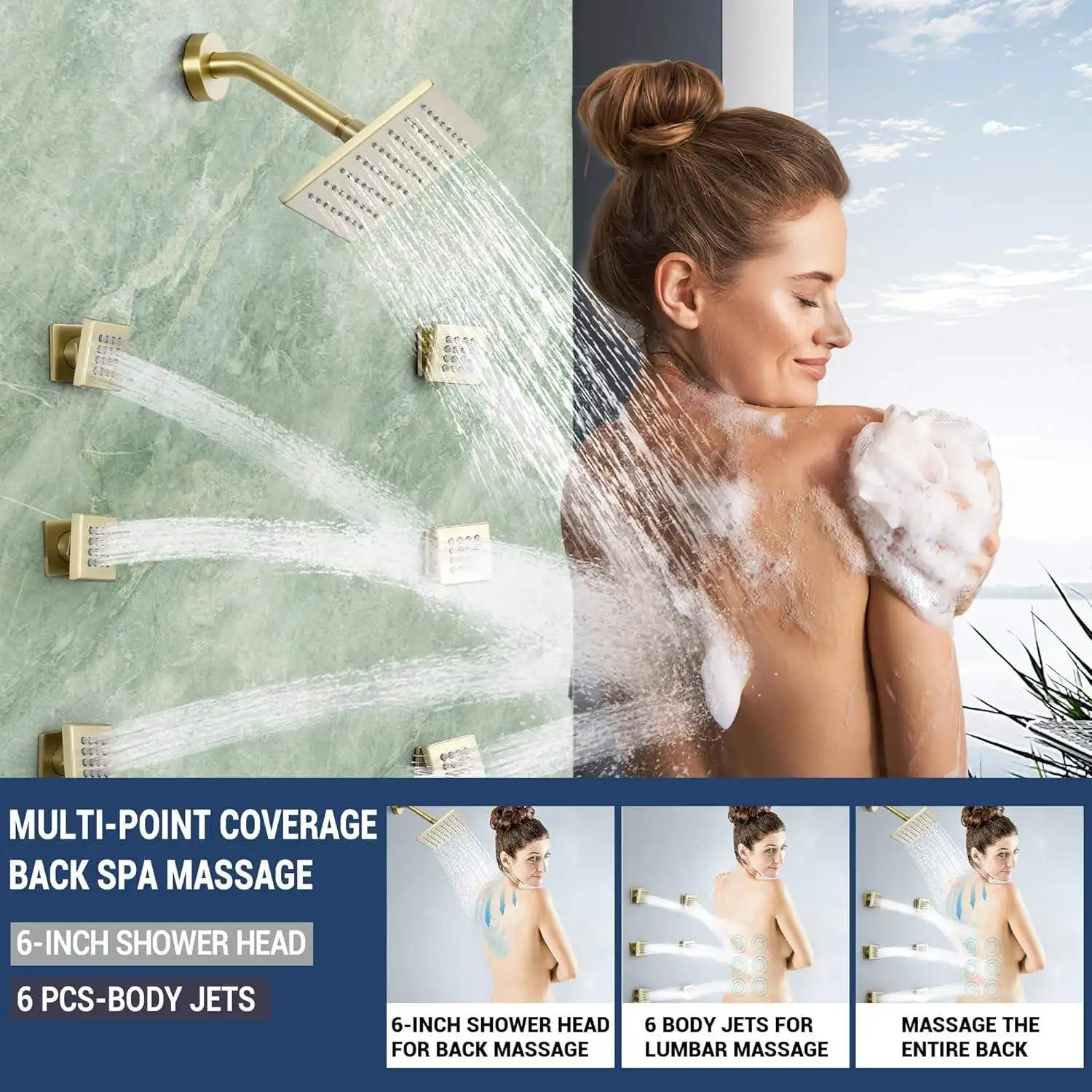 Thermostatic Dual Shower System 6 Body Jets 6-Inch 16" Rainfall Shower Modern Design Wall Mount Polished Gold Ceramic Faucet Set view 5