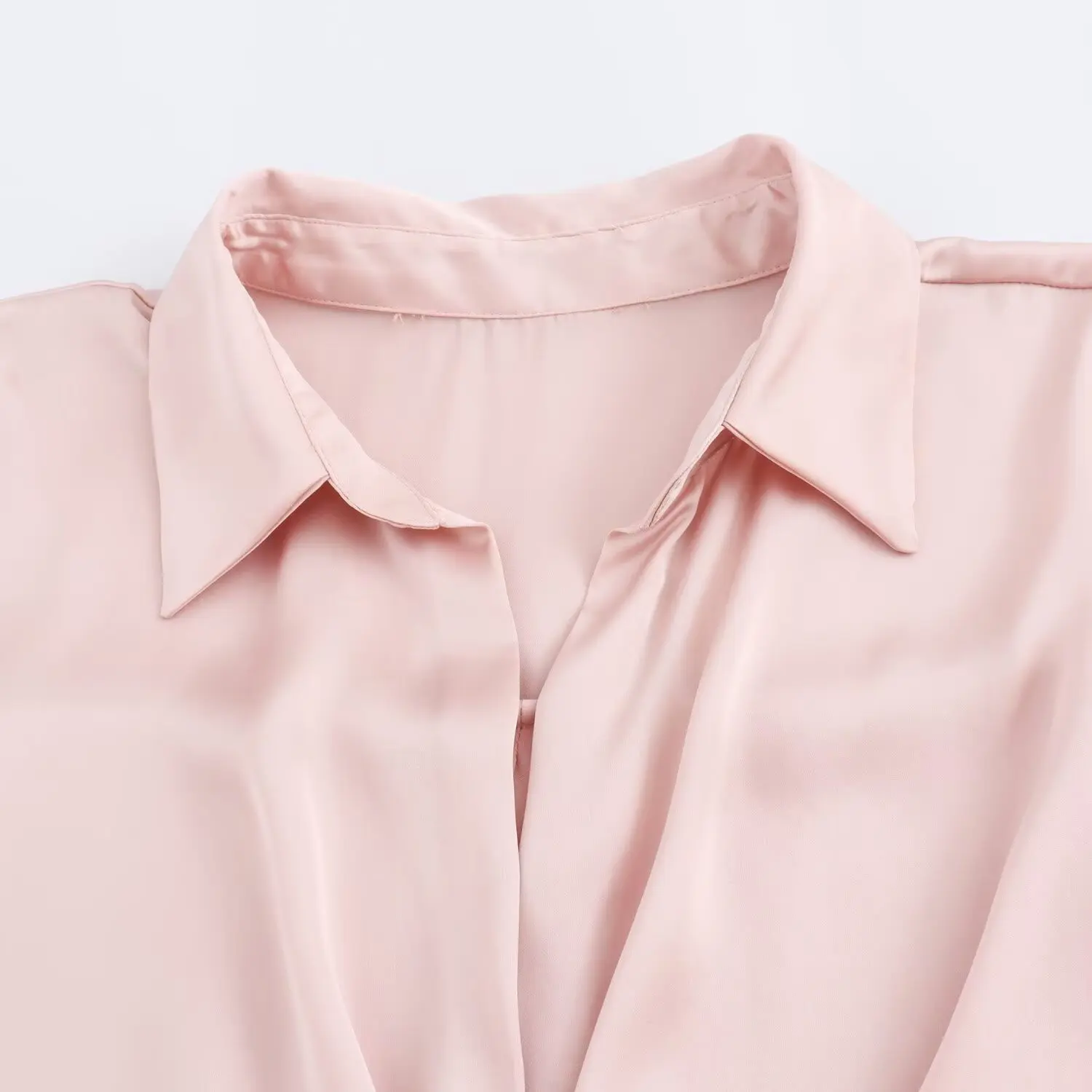 Camisa de manga larga con nudo para mujer, top elegante con solapa y textura satinada, estilo retro, con botones, a la moda, novedad de 2024